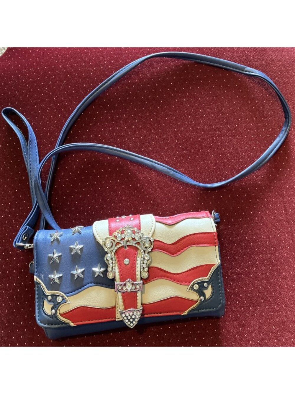 Americana Large Wallet Cross Body/Clutch Tri-fold  W/ Rhinestones 8x4 1/2”